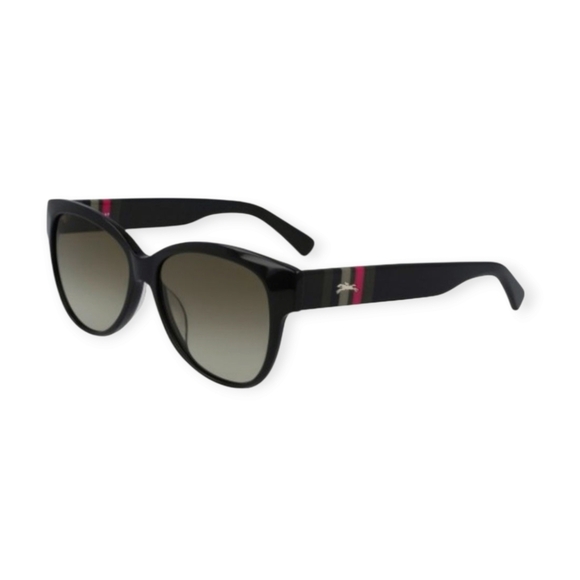 Longchamp Black Semi Cat-Eye Sunglasses with Glossy Finish Stripe Logo